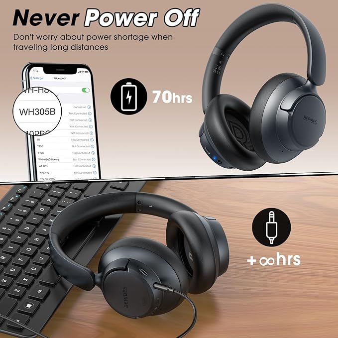 BERIBES Upgraded Hybrid Active Noise Cancelling Headphones with Transparent Modes,70H Playtime Bluetooth Headphones Wireless Bluetooth with Mic, Deep Bass,3.5MM Cable,Soft-Earpads,Fast Charging-Black