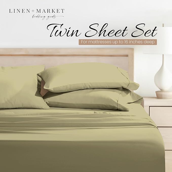 Linen Market Brushed Microfiber Twin Sheet Set 3 Piece – Oeko-TEX Certified Ultra Soft & Wrinkle-Free - 16" Deep Pocket Sheets - Easy Care Twin Size - Sage