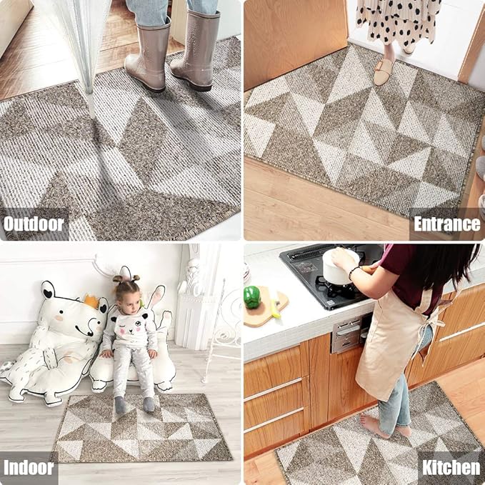Indoor Doormat 32"x 48", Absorbent Front Back Door Mat Floor Mats, Rubber Backing Non Slip Door Mats Inside Mud Dirt Trapper Entrance Front Door Rug Carpet, Machine Washable Low Profile-Brown Geome