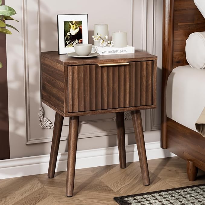 VINGLI Night Stand, Fluted Nightstand Wood, Mid Century Modern Nightstand for Bedroom, Bedside Table, Wood Side Table, Small Night Stand Walnut, 15.75" W*11.81" D*21.85" H