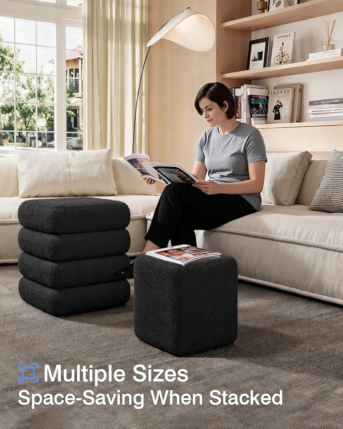 Sqare Set of 2 Sherpa Storage Ottoman Stool Boucle Vanity Stool Footstool with Removeable lid Load up to 440 lbs for Livingroom Bedroom Black UASND69B