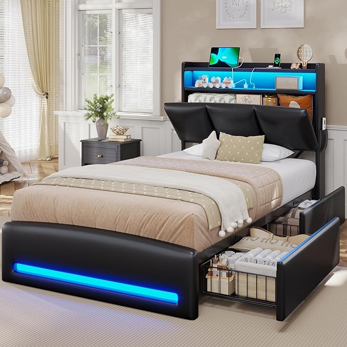 VIAGDO Twin Bed Frames with Storage Headboard and Charging Station, Leather Upholstered Bed Frame Twin Size with 4 Drawers and LED Lights, Type C and USB, No Box Spring Needed, Black