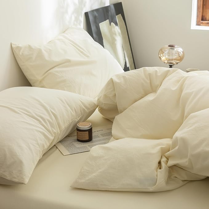 FOSSA Duvet Cover Set 100% Washed Cotton Linen Feel Super Soft Breathable Cozy 3 Pieces Bedding Sets Solid Cream White Oversized King Plus