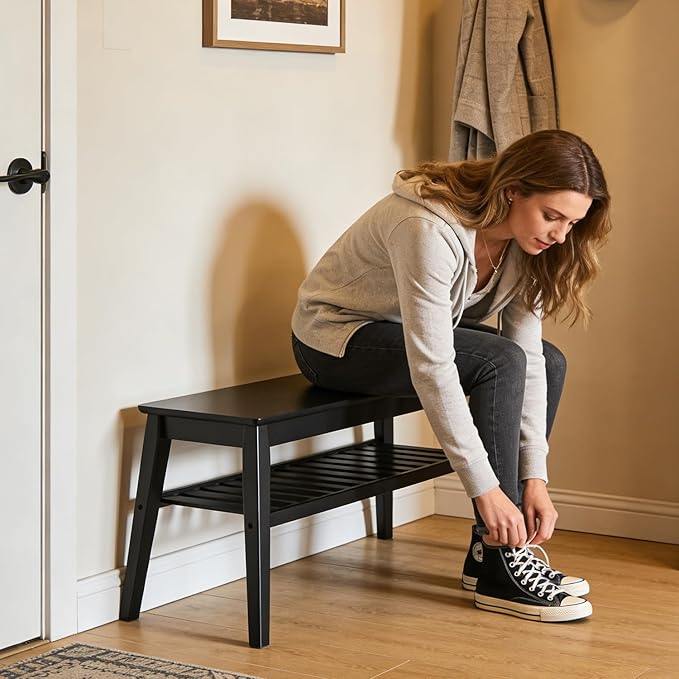 Nnewvante Bamboo Entryway Bench, 33.46" End of Bed Bench, 2 Tier Black Bench for Bedroom, Indoor Bench for Living Room, Dining Room, Hallway, Holds up to 300lbs