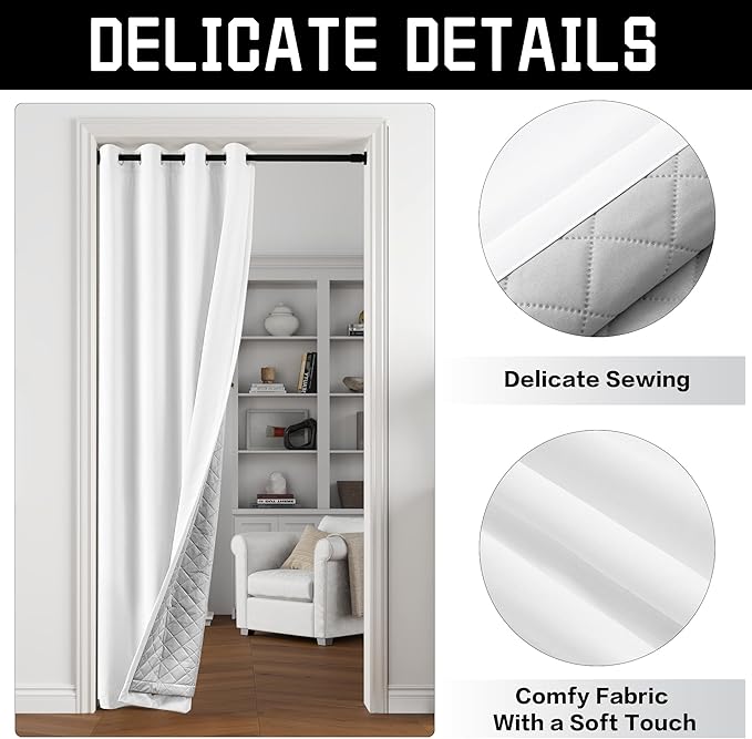Extra Long 100% Blackout Curtains 3-in-1 Heavy Duty Soundproof Curtains Thermal Insulation Drapes Doorway Heat Insulating Curtains for Bedroom Living Room (1 Panel, White, 50" x 120")
