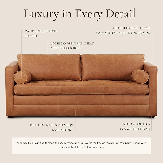 POLY & BARK Napa 82" Leather Pull‑Out Sleeper Sofa – Full‑Grain Italian Leather Upholstery,Tri‑Layer Mattress & Storage Console –Sophisticated Multi‑Functional Sofa Bed for Living Rooms & Guest Spaces
