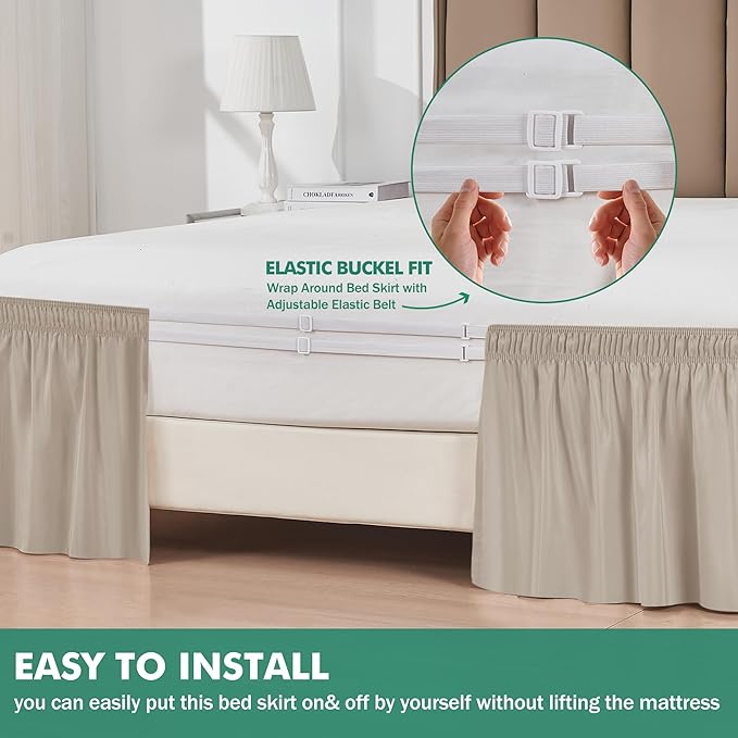 Biscaynebay Wrap Around Bed Skirts with Split Corners for Full Beds 16" Drop, Light Camel Elastic Dust Ruffles Adjustable Easy Fit Wrinkle & Fade Resistant Silky Luxurious Fabric Machine Washable