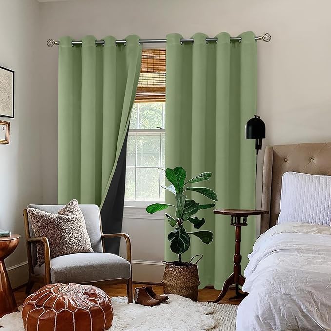 BGment Thermal Insulated 100% Blackout Curtains for Bedroom with Black Liner, Double Layer Full Room Darkening Noise Reducing Grommet Curtain (52 x 84 Inch, Grass Green, 2 Panels)