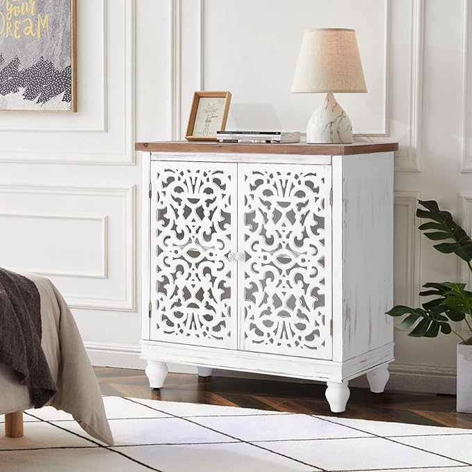 PHI VILLA White Accent Cabinet with Doors, Farmhouse Buffet Sideboard Hollow Carved Small Cabinets