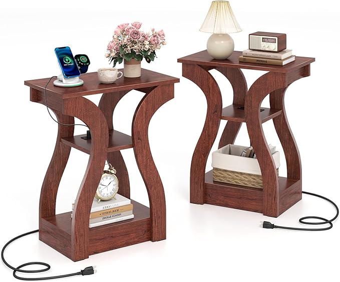 Giantex Narrow End Tables with Charging Station Set of 2, Wood Sofa Side Tables with Open Storage Shelves, Bedside Tables with USB Ports & Outlets, Vintage Nightstands for Living Room, Bedroom, Cherry