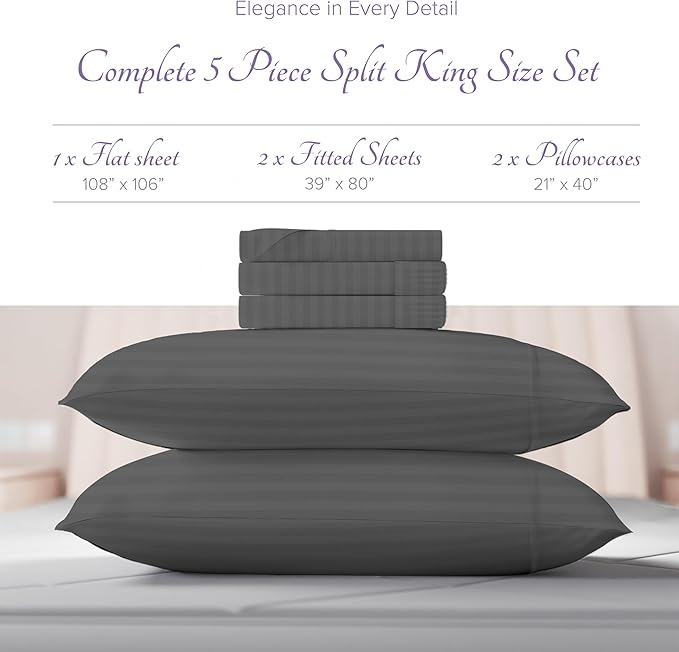 Carressa Linen Striped Split King Sheets Sets for Adjustable Bed - 100% Egyptian Cotton 600 Thread Count 5 PC Top Split King Sheet (Dark Grey), 16" Deep Pocket Soft Cooling Luxury Hotel Damask Sheets
