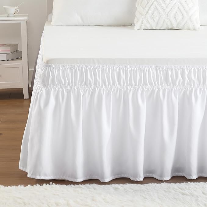 RIMELA Bed Skirt King Size White Bed Skirt 25 Inch Drop, Wrap Around Elastic Adjustable Bedskirt, Dust Ruffle for Bed Frame & Box Spring Soft Durable Fabric Machine Washable Easy to Install