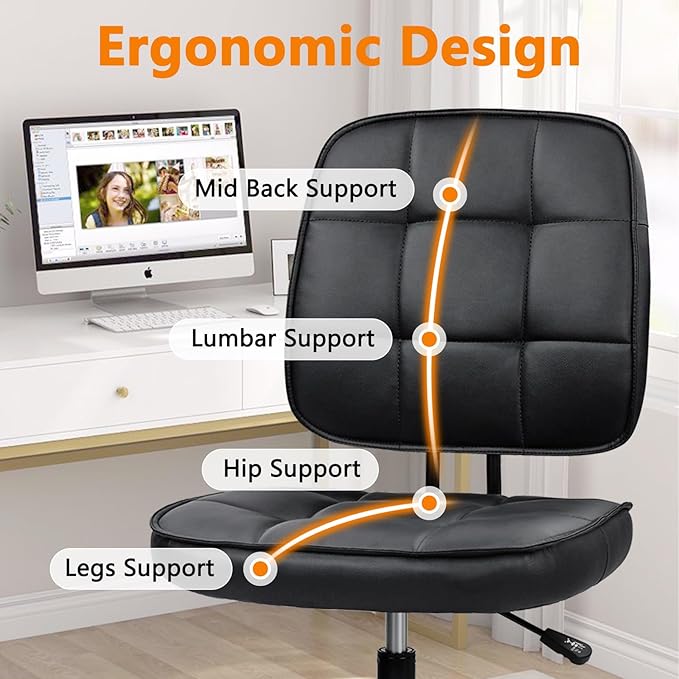 CLATINA Armless Home Office Chair with Lumbar Support and Wheels, Small PU Leather Ergonomic Low Back Desk Chairs No Arms, Adjustable Height 360° Swivel Rolling Computer Task Chair, Black, 6 Pack