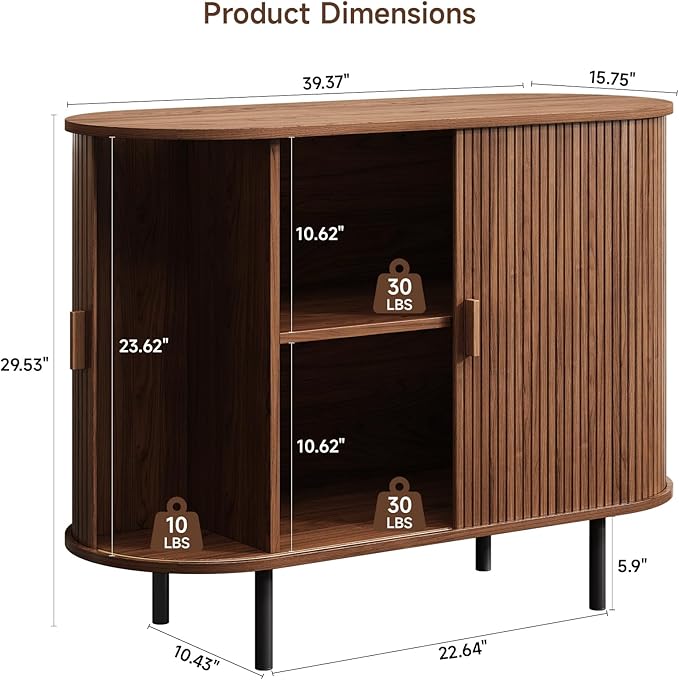 Buffet Cabinet with Storage, Fluted Sideboard Buffet with Sliding Door, Coffee Bar Cabinet with Adjustable Shelf, Console Table, Accent Table for Entryway, Kitchen (Walnut, 40 Inch)