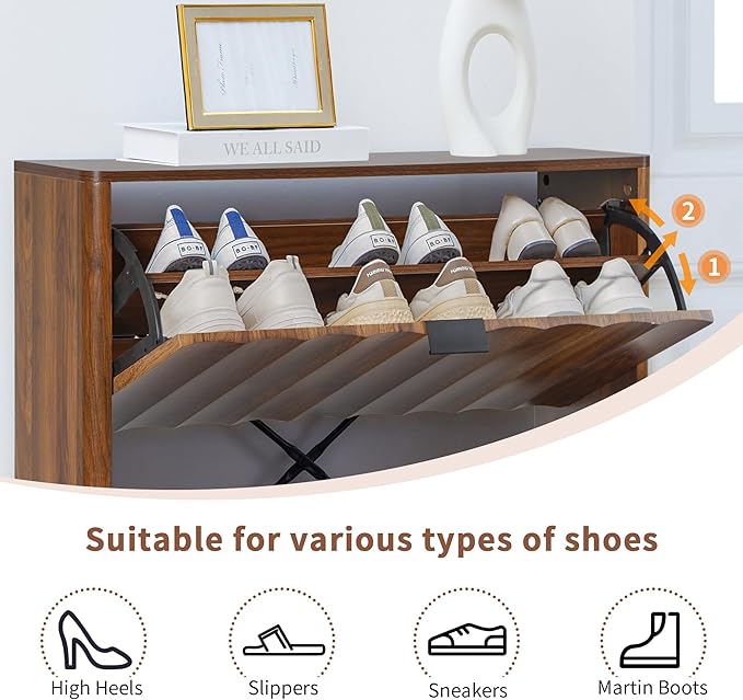 31.5” Fluted Shoe Cabinet Storage with 2 Flip Drawers,Narrow Freestanding Shoe Storage Organizer,Slim Shoe Rack Cabinet for Entryway,Hallway (Walnut)