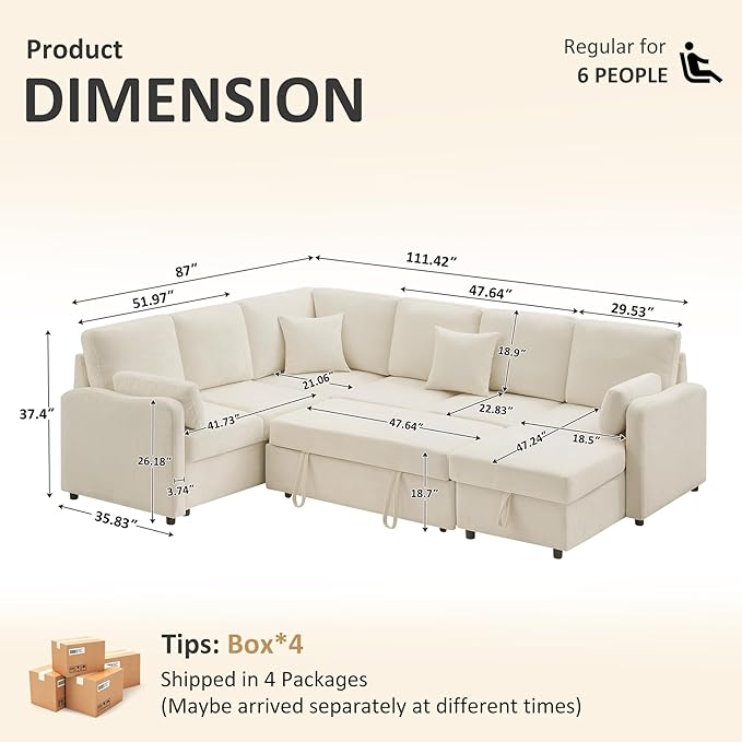 111'' Sectional Sleeper Sofa with Pull Out Bed, U Shaped 6 Seat Modular Couch with Storage Chaise, Modern Sectional Couch, Cloud Chenille Sofa Bed for Living Room Apartment, Beige