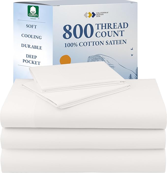 California Design Den Split King Sheets Sets for Adjustable Bed, Soft 800 Thread Count Sateen, 100% Cotton Set, Includes Twin XL Fitted Sheets - True Ivory