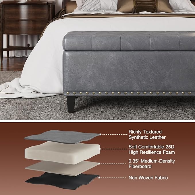 Large Storage Bench, 51-Inch Ottoman for Bedroom End of Bed, 30 Gallons Faux Leather Bench for Bedroom, Living Room, Entryway, Hallway, Grey