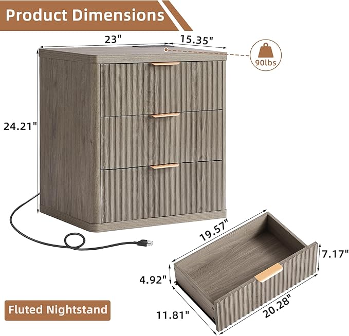 LEYAOYAO 23" Wide Fluted Farmhouse Night Stand Set of 2 with Charging Station, 3 Drawers Large End Table w/Metal Handle,Grey Nightstand Bedside Table,Wood Dresser for Bedroom, Closet