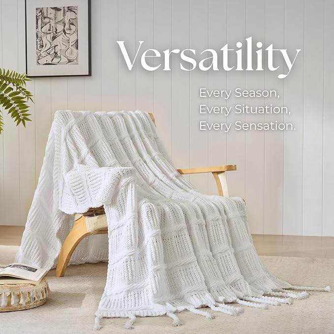 Boho Knitted Chenille Blanket with Tassels - Lightweight & Soft All-Season Throw - 3D Classic Pattern for Living Room Bedroom Couch, Cloud White, Throw 50"x60"