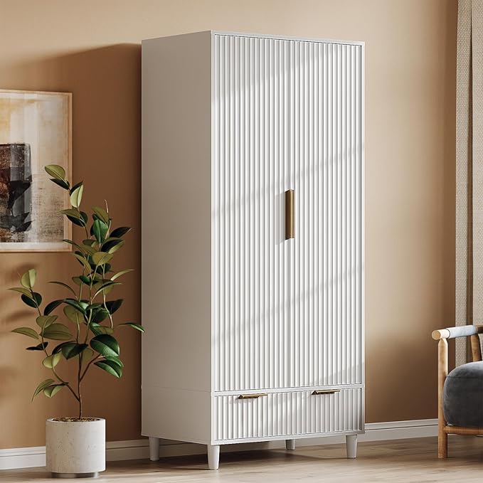 VINGLI Fluted Wardrobe Closet Armoire with Doors And Drawers, White Wardrobe Cabinet with Hanging Rack, Bedroom Closet Wood, Free Standing Armoire with Shelf and Solid Wood Legs, 31.5"W*19.7"D*69.3"H