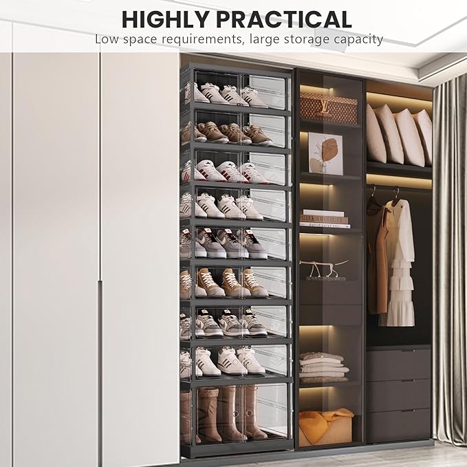 Shoe Rack Organizer for Closet Entryway Foldable Sneaker Storage Shoe, Collapsible Shoe Cabinet, Stackable Shoe Storage Cabinet with Lids for Living Room (9 Tiers -18 Pairs Transparent Black)