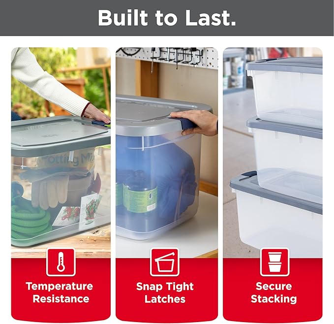 Rubbermaid Roughneck Clear 66 Qt/16.5 Gal Storage Containers, Pack of 4 with Latching Grey Lids, Visible Base, Sturdy and Stackable, Great for Storage and Organization