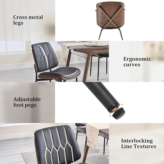 BV Mid Century Modern Dining Chairs Set of 4, Upholstered Pu Leather Armless Accent Chair with Walnut Bentwood Back, Retro Kitchen Chair for Dining Room, Living Room, Kitchen, Black