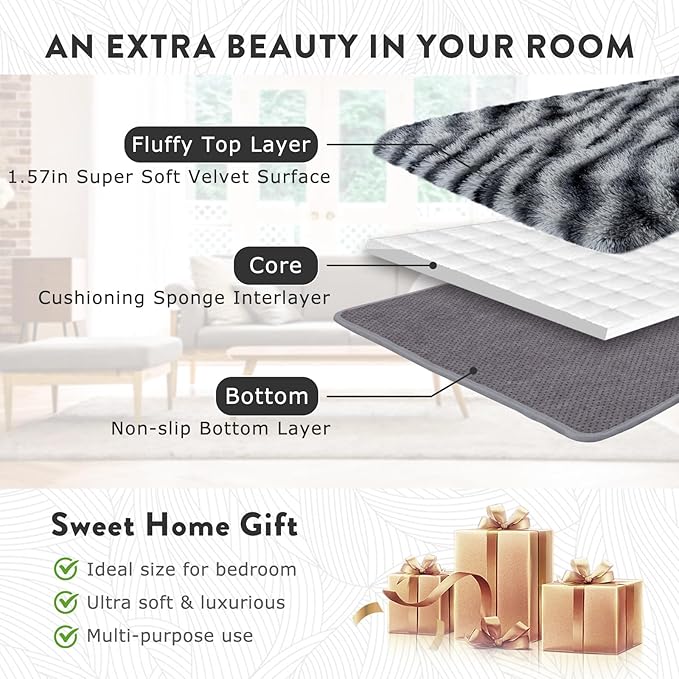 Fluffy Rugs for Living Room, 5x7 Ft Black White Zebra Shag Rugs for Bedroom Dorm Kids Room Nursery, Soft Non-Slip Modern Fuzzy Plush Carpet for Indoor Home Decor