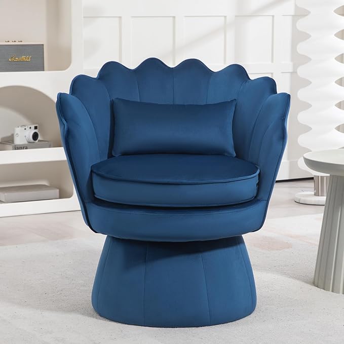 360° Swivel Accent Chairs Set of 2, Mid-Century Modern Velvet Barrel Chair, Comfy Shell Shape Arm Chair with Lumbar Pillow for Living Room, Bedroom, Office, Dark Blue