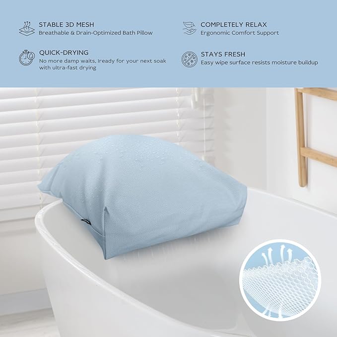 Bath Pillows for Tub Neck and Back Support,Bathtub Cushion backrest headrest Neck Pillow,tub Pillow for Bathtub,3D Mesh Core,Breathable,Quick-Drying,Ergonomic Relaxation (Blue)