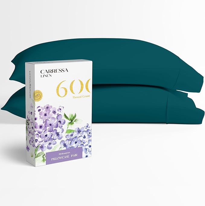 Carressa Linen 100% Egyptian Cotton King Size Pillow Cases Set of 2 - Luxury 600 Thread Count King Pillowcases (Teal), Silky Soft, Cooling, Breathable Sateen Weave Hotel Quality Bed Pillow Cover