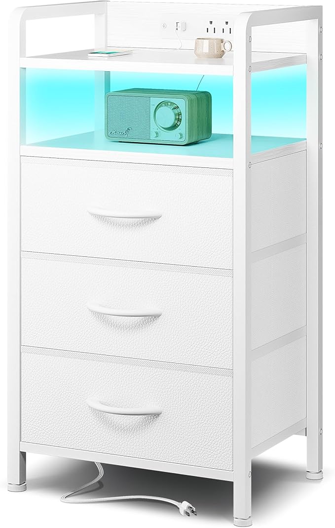 Night Stand Bedside Charger Bedroom - Nightstand with Charging Station, Bed Side Table with LED Light Strip, End Table with U-S-B Ports & AC Outlets, Storage Shelf & 3 Fabric Drawers, White