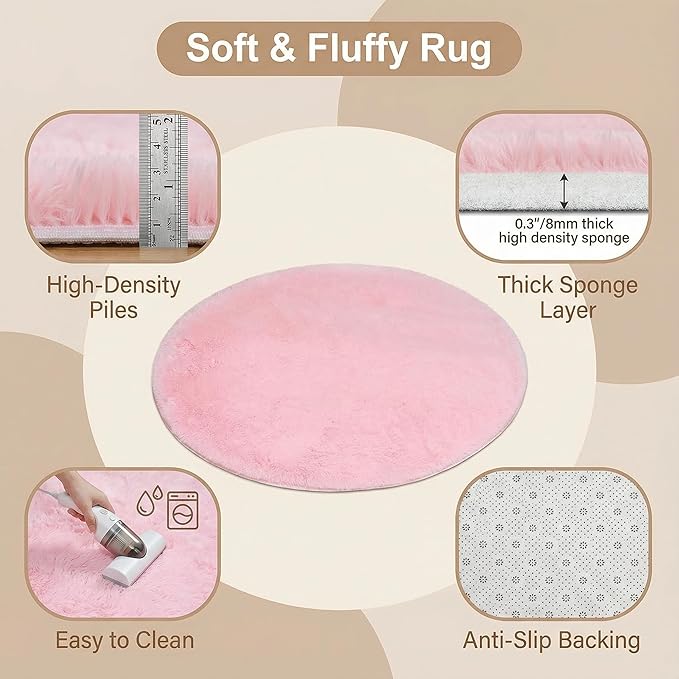 duduta Pink Fluffy Round Rug 4x4 ft, Shag Fuzzy Plush Circle Throw Rug for Nursery Bedroom Living Room Home Decor