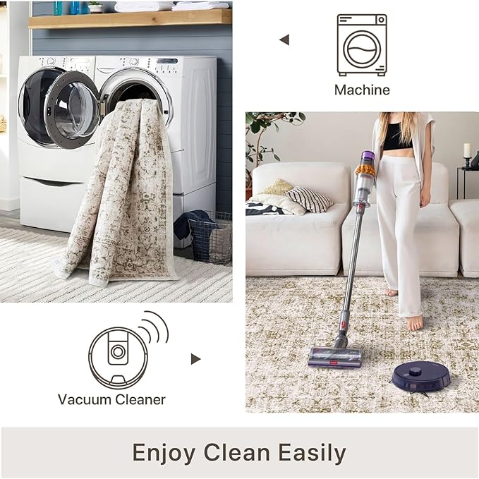 5x7 Area Rugs - Ultra-Thin Washable Rug with Non-Slip Backing, Ideal for Living Room, Bedroom, Dining Room Indoor - Vintage, Easy Clean, Durable, Low Pile Rug Olive