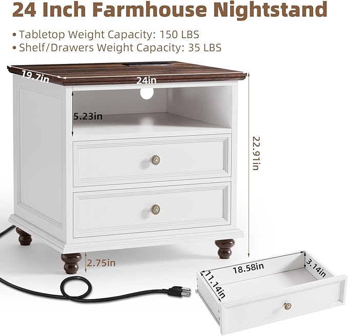 24" Wide Farmhouse Nightstand Set of 2 with Charging Station,End Table with 2 Drawers,Dresser for Bedroom Cabinet, Bed Side Table Chest of Drawers, Wood Night Stand for Living Room, Closet,White