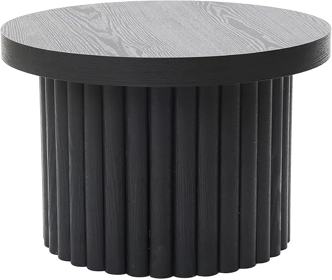 LuxenHome End Table, 23.6" Wide Black Wood Fluted Round Coffee Table Modern Side Tables for Living Room Round Wood Small Accent Tables for Bedroom