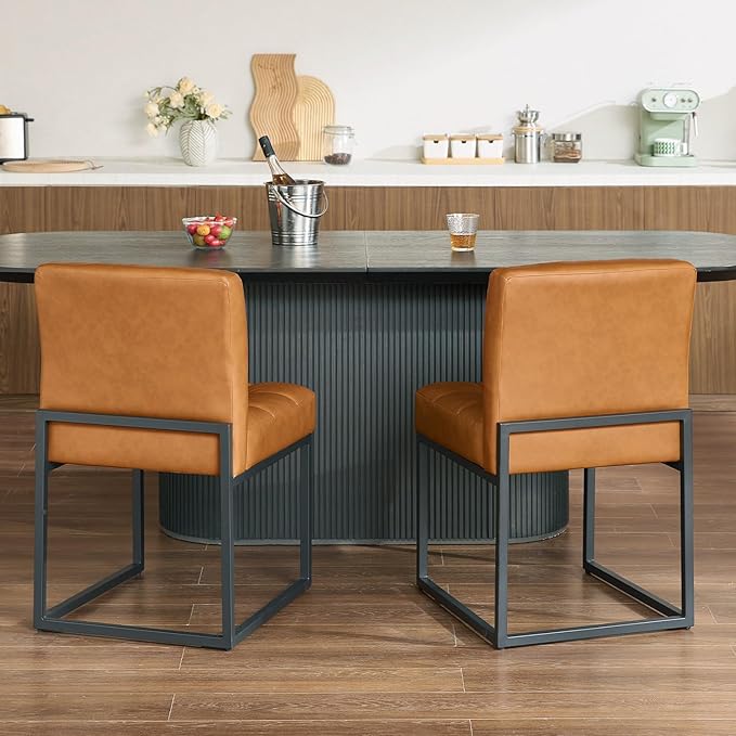 Brown Faux Leather Dining Chairs Set of 4, Mid-Century Modern Dining Room Chairs with Armless, Checkered Kitchen Chair with Metal Legs