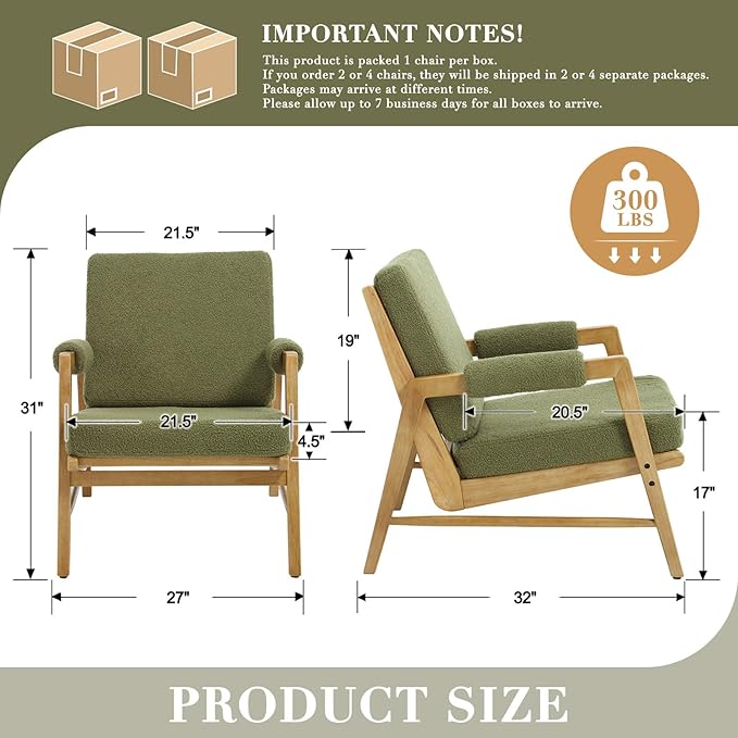 HEAH-YO Modern Accent Chair Set of 2, Upholstered Boucle Fabric Living Room Chair with Wooden Frame, Comfy Armchair with Thick Cushion for Bedroom Balcony, Green