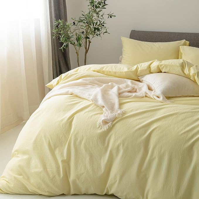 FOSSA Duvet Cover Set 100% Washed Cotton Linen Feel Super Soft Breathable Cozy 3 Pieces Bedding Sets Solid Pastel Yellow Super King Plus