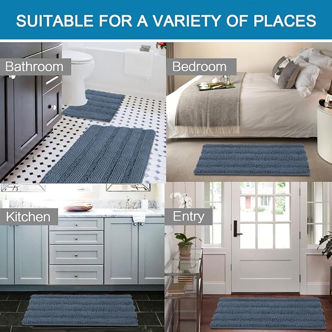 H.VERSAILTEX Bathroom Rug Sets 2 Piece Bath Mats Non Slip Thick Soft Chenille Striped Bath Rug achine Washable Shower Floor Rugs for Tub, Shower and Floor (Blue Indigo, 20"x32" Plus 20"x20" U)