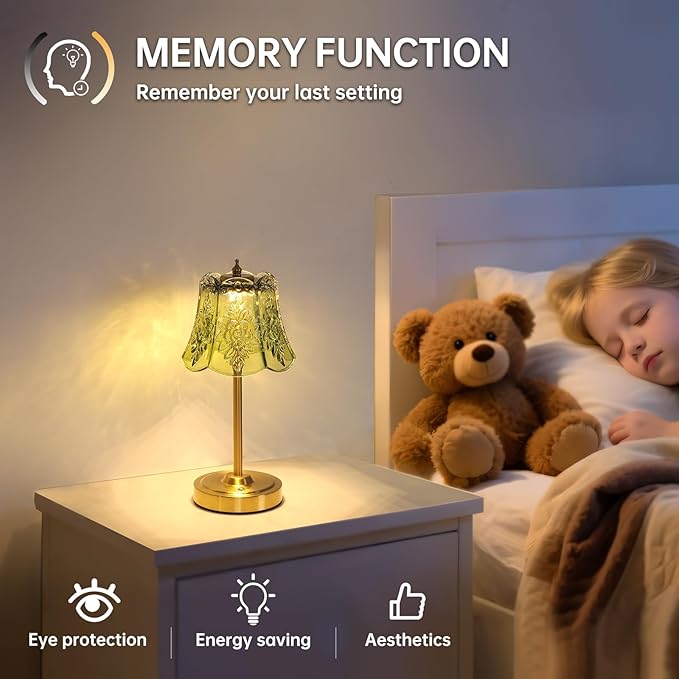 Small Table Lamp with 5200mAh Battery & Touch Control - 3 Adjustable Color Temperatures, Dimmable Rechargeable Table Lamps for Living Room, Bedroom, Bedside (Green Rose)
