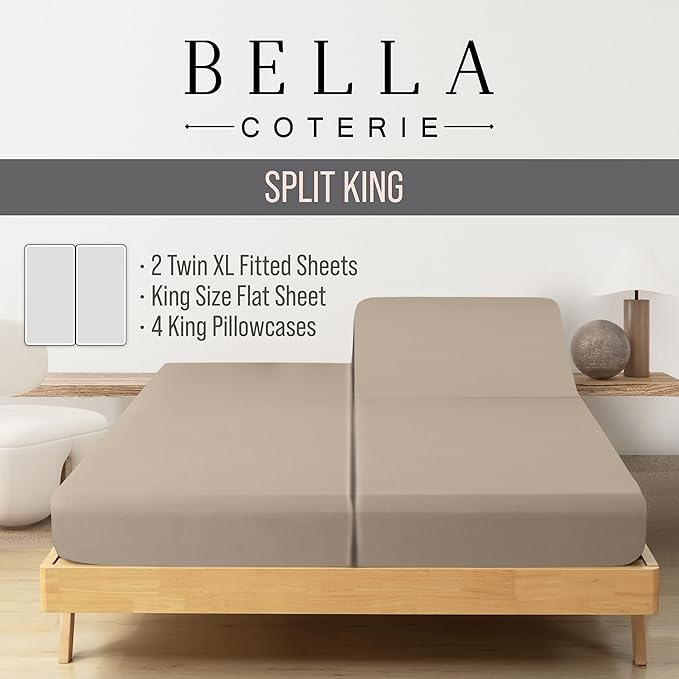 Bella Coterie 7 Piece Luxury Bamboo Viscose Split King Size Sheet Set | 2 Fitted Sheets for Adjustable Beds | 100% Organically Grown | Cooling for Hot Sleepers | 4 Pillowcases [Dune]