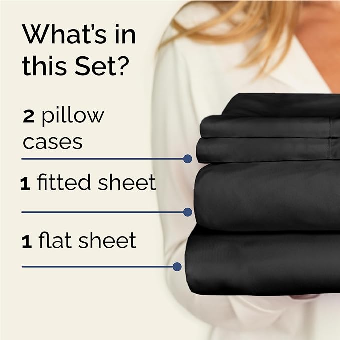 Twin XL 4 Piece Sheet Set - Cooling, Comfy & Breathable - Hotel Luxury Bedding, Includes Fitted Sheet for Women, Men, Kids and Teens - 1 Flat, 1 Fitted Sheet, 2 Pillowcases with Deep Pockets - Black