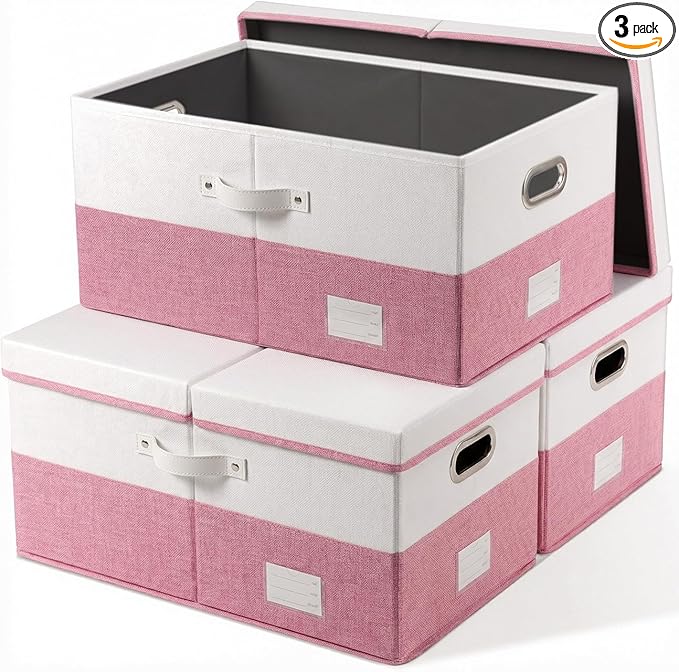 PRANDOM Collapsible Storage Bins with Lids [3-Pack] Linen Fabric Foldable Storage Boxes Organizer Containers Baskets Cubes with Cover for Bedroom Closet Nursery Pink&White (23.4X15.9X11.4)