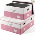 PRANDOM Collapsible Storage Bins with Lids [3-Pack] Linen Fabric Foldable Storage Boxes Organizer Containers Baskets Cubes with Cover for Bedroom Closet Nursery Pink&White (23.4X15.9X11.4)