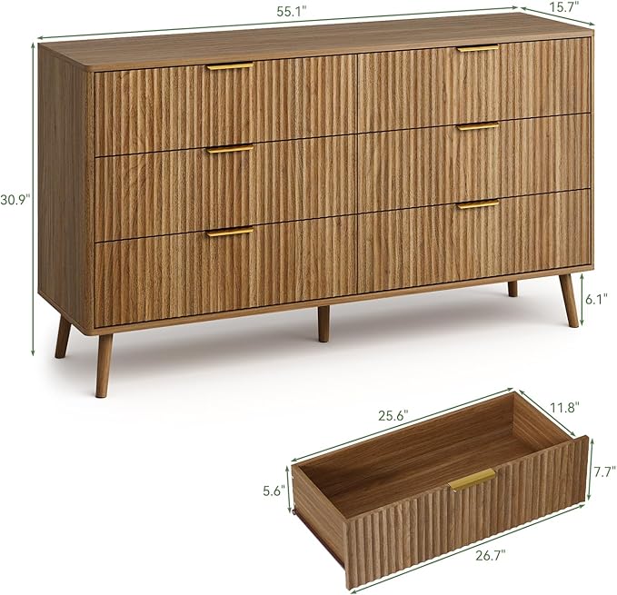 LYNSOM Fluted Dresser and Nightstand Sets 3 Piece, 6-Drawers Dresser and 1-Drawer Nightstands Set of 2, Wood Bedroom Furniture Set for Home, Bedroom, Hallway, Walnut