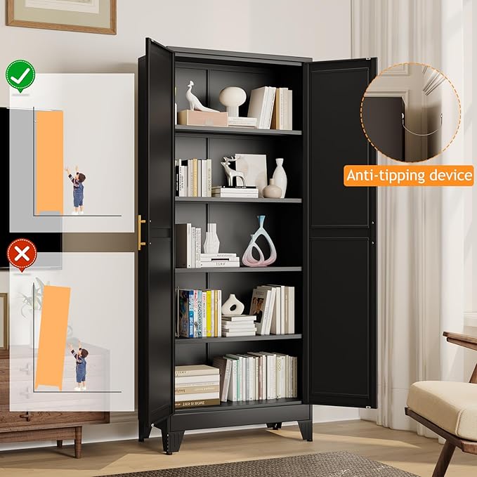 71" Tall Metal Pantry Storage Cabinet with Doors and 4 Adjustable Shelves, Black Kitchen Food Pantry Cabinets, Tall Freestanding Cupboard for Kitchen, Dining Room or Living Room, Black