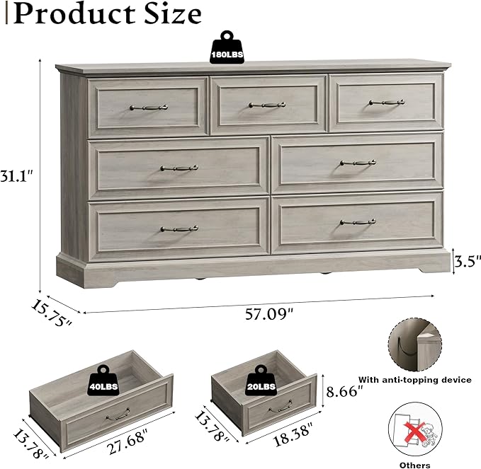 Farmhouse 7 Drawers Dresser for Bedroom, 57" Wide Modern Chest of Drawers with Deep Drawers & Bar Handles, Rustic Wood Dresser TV Stand, Wooden Closet Storage Organizer for Living Room, Hallway, Grey