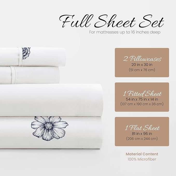 Linen Market Patterned Microfiber Full Sheet Set 4 Piece – Oeko-TEX Certified Ultra Soft & Wrinkle-Free - 16" Deep Pocket Sheets - Easy Care Full Size - Indigo Flowers Navy